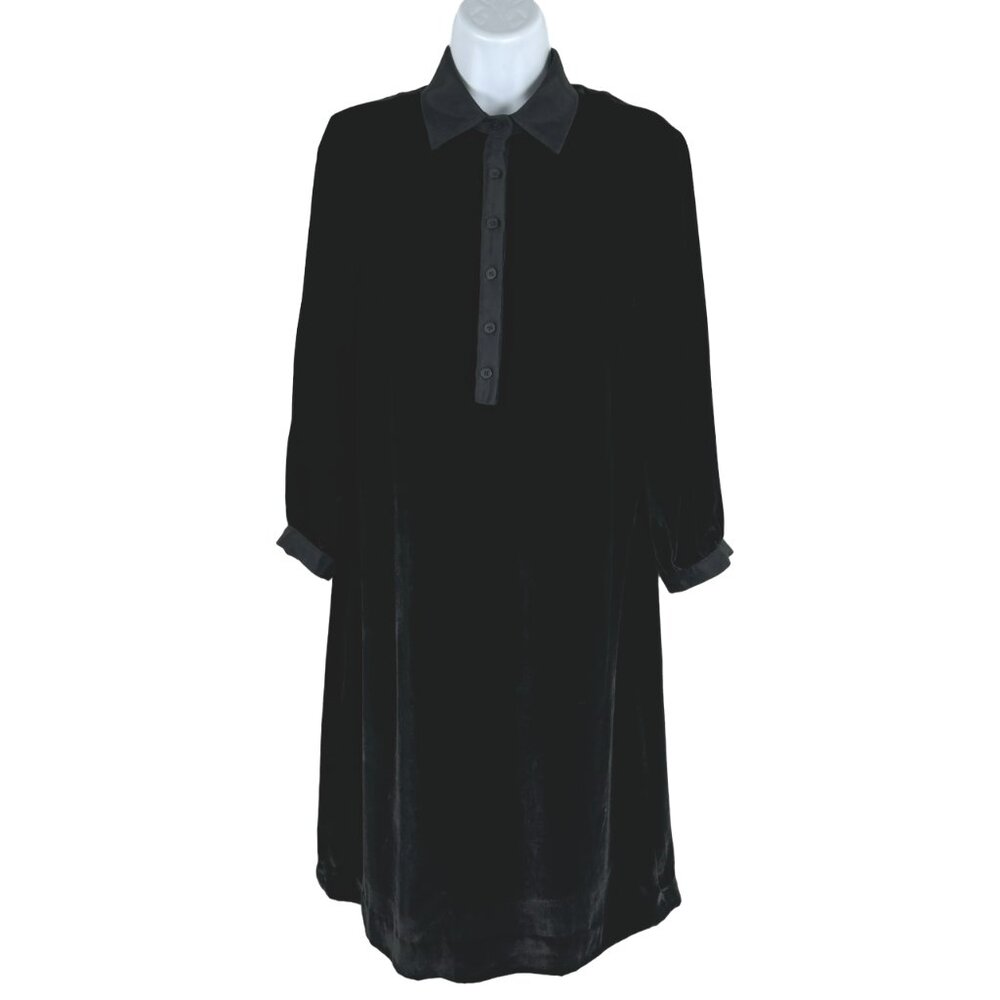 Emerson Fry Velvet Shirt Dress Womens Size 2 Black Solid Rayon Silk DR-1567